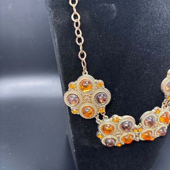 Gold Tone Statement Necklace - Amber Orange Stones - 20" - Bold & Elegant - Picture 4 of 10